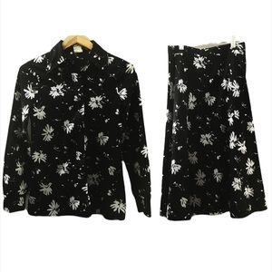 VTG 70s 2Pc Skirt Top Disco Black White Flowers